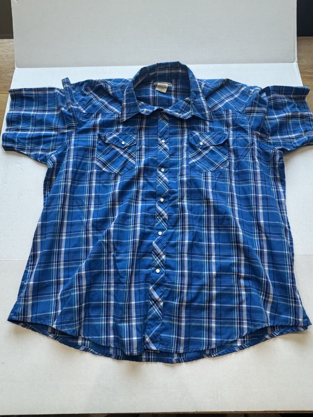 Men's Blue Wrangler Short Sleeve Pearl Snap Button Shirt Size XXL